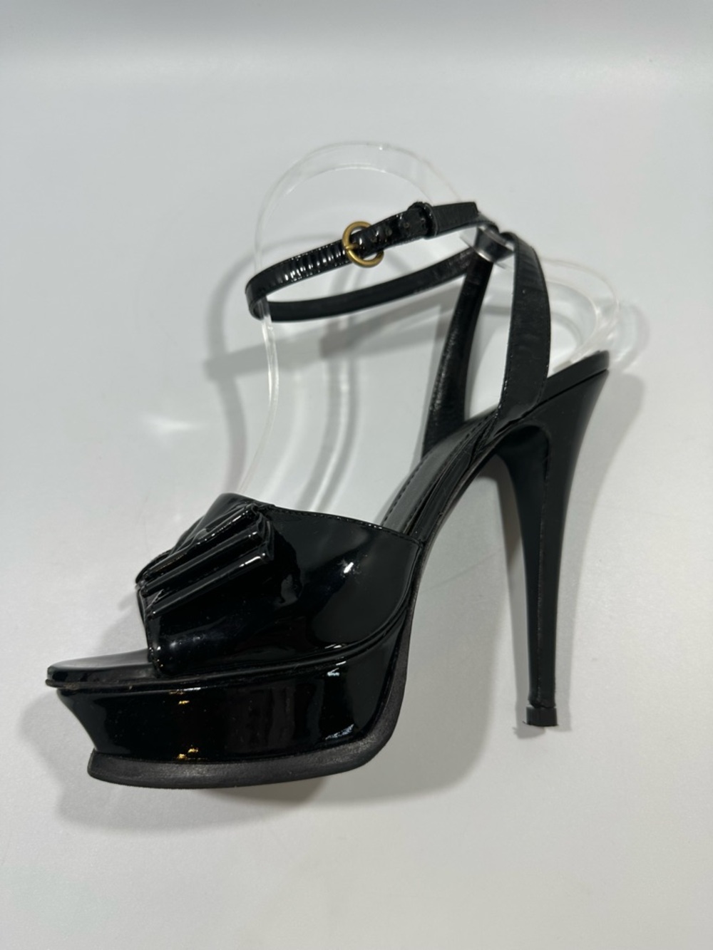 Yves Saint Laurent YSL Tribute Y Bow Black Patent Leather Platform Sandals 38.5